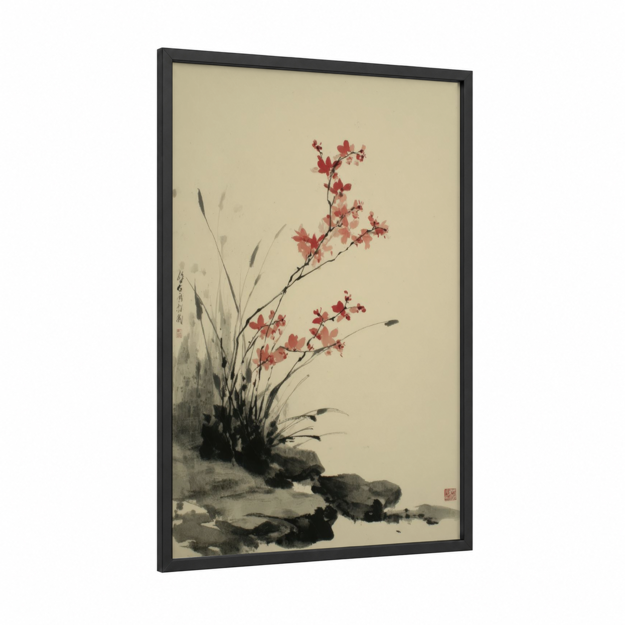 Crimson Orchid Bloom framed art print — black wood frame — rose gold and beige palette