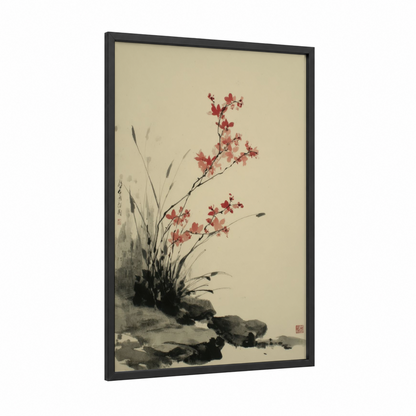 Crimson Orchid Bloom framed art print — black wood frame — rose gold and beige palette