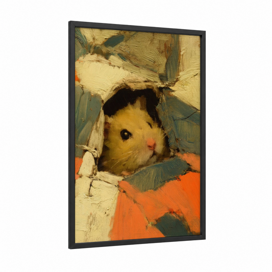 Cozy Hamster Peek framed art print — black wood frame — gold and orange palette