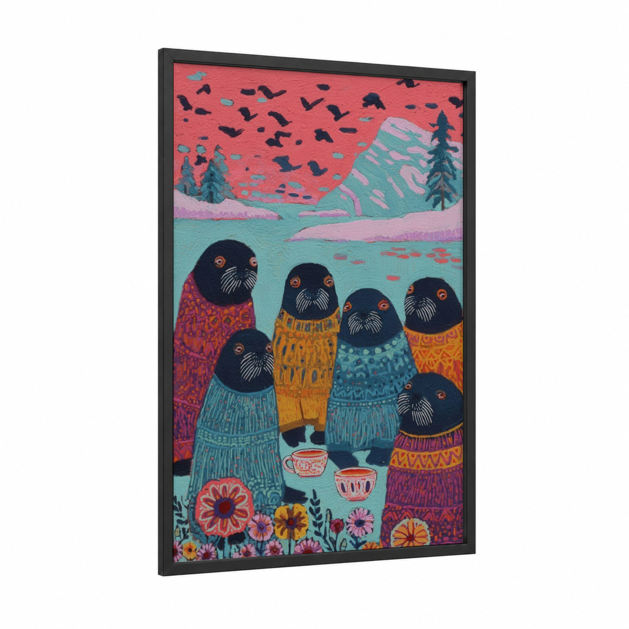 Cozy Walrus Gathering framed art print — black wood frame — red and teal palette