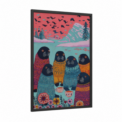 Cozy Walrus Gathering framed art print — black wood frame — red and teal palette