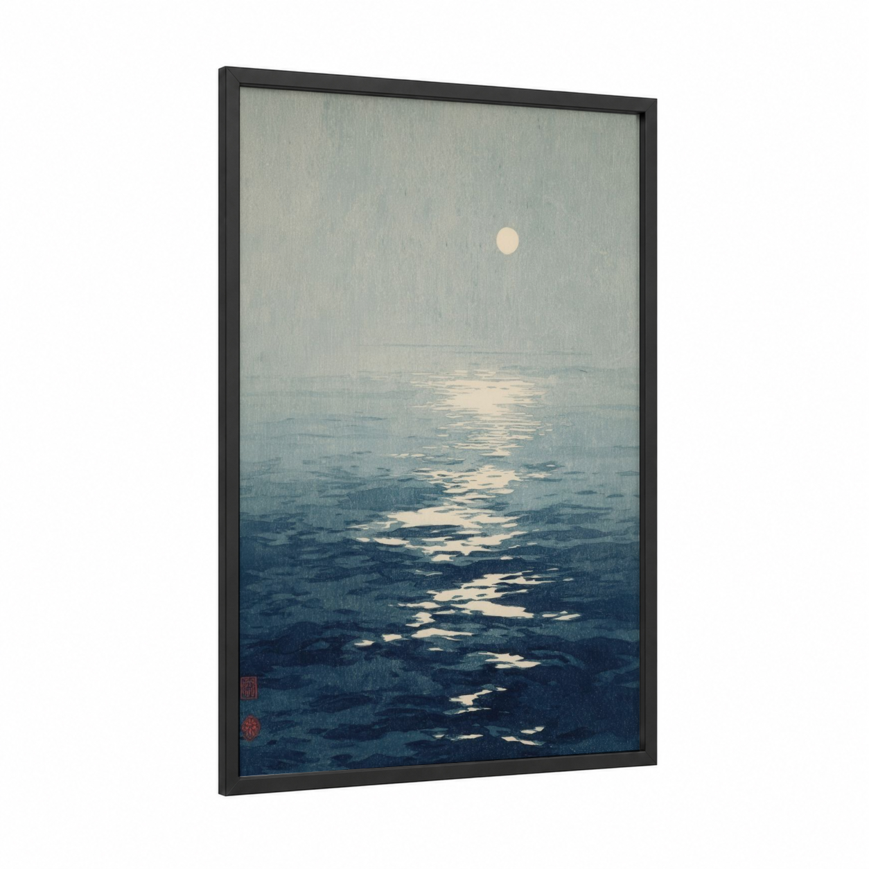 Moonlit Serenity framed seascapes and ocean print — black wood frame — blue and white and dove gray palette