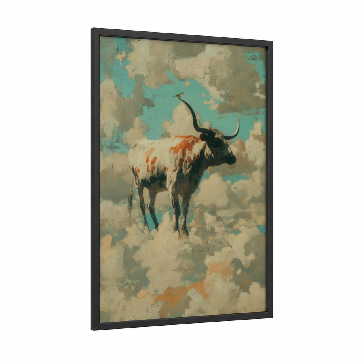 Rustic Longhorn framed longhorn cow print — black wood frame — teal and cream palette