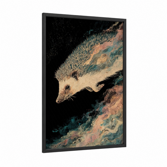 Curious Hedgehog framed art print — black wood frame — teal and beige palette