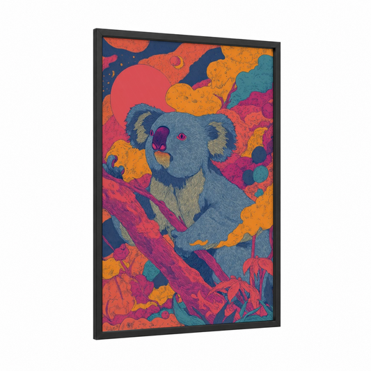 Cosmic Koala framed art print — black wood frame — orange and magenta palette