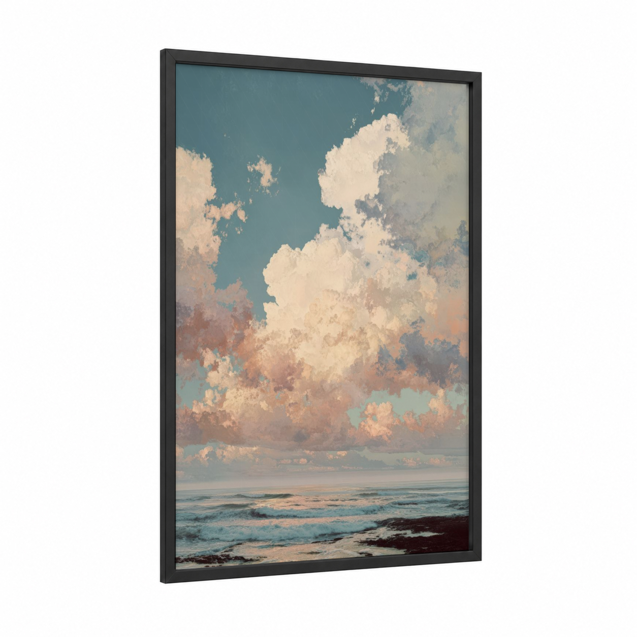 Coastal Morning Sky framed art print — black wood frame — blue and cream palette