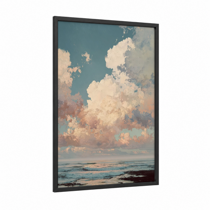 Coastal Morning Sky framed art print — black wood frame — blue and cream palette