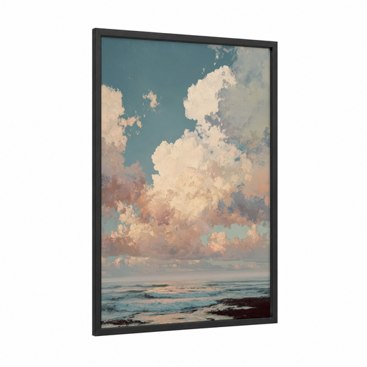 Coastal Morning Sky framed art print — black wood frame — blue and cream palette