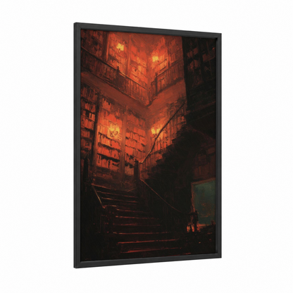 Inferno Staircase framed art print — black wood frame — red and black palette