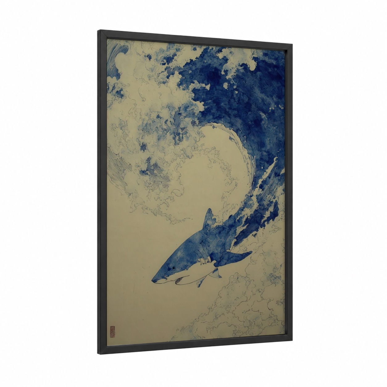 Oceanic Blue Shark framed art print — black wood frame — blue and cream palette