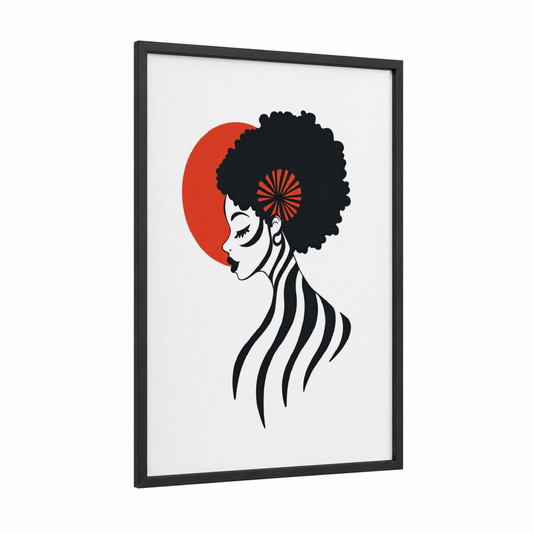 Afro Profile Illustration framed fashion illustration print — black wood frame — black and red and red palette