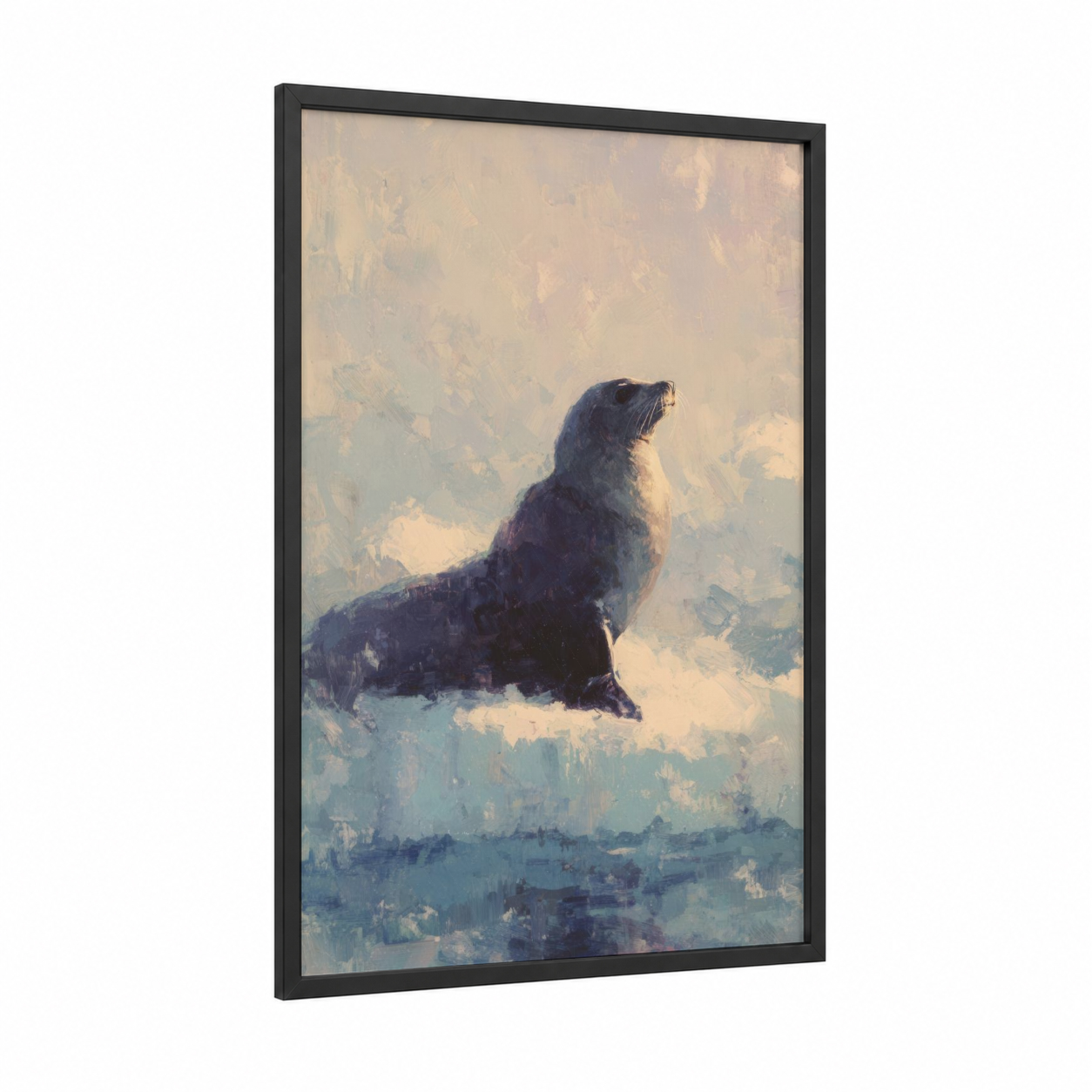 Coastal Sea Lion framed art print — black wood frame — cream and blue and white palette