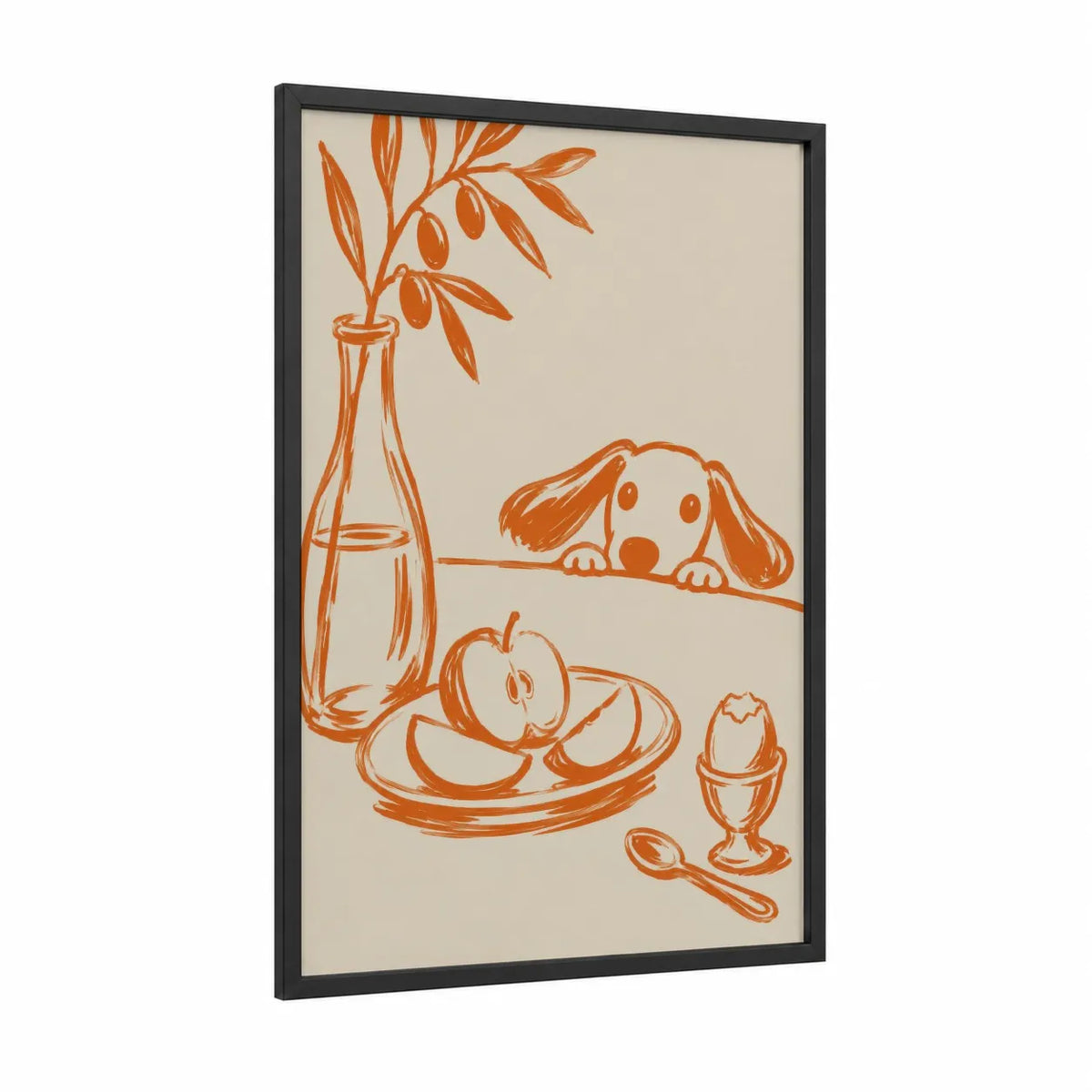 Breakfast Table Dog Wall Art framed dogs print — black wood frame — orange and beige palette