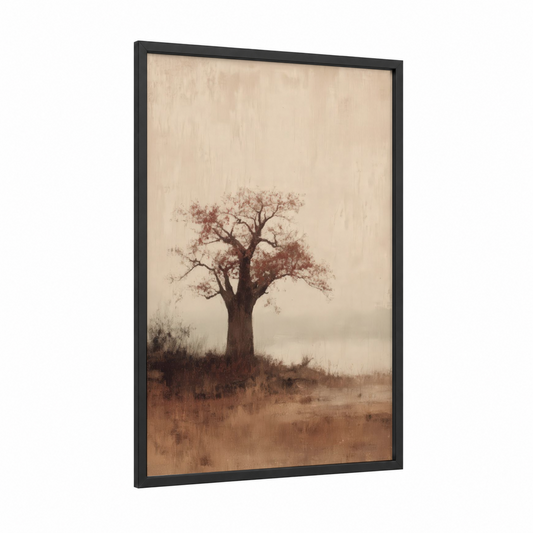 Solitary Baobab framed baobab tree print — black wood frame — beige and russet palette