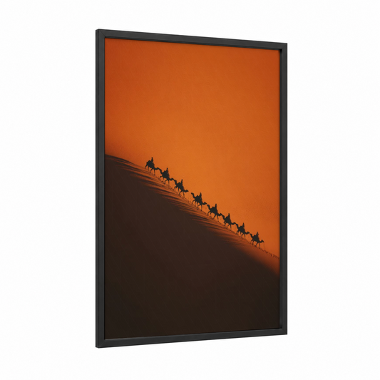 Desert Caravan framed dune print — black wood frame — orange and black palette