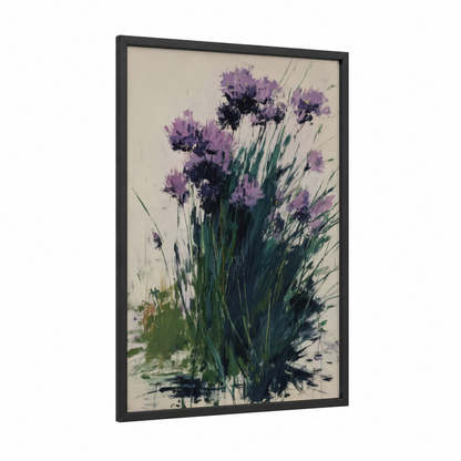 Purple Herb Garden framed herbs print — black wood frame — purple and dark green palette