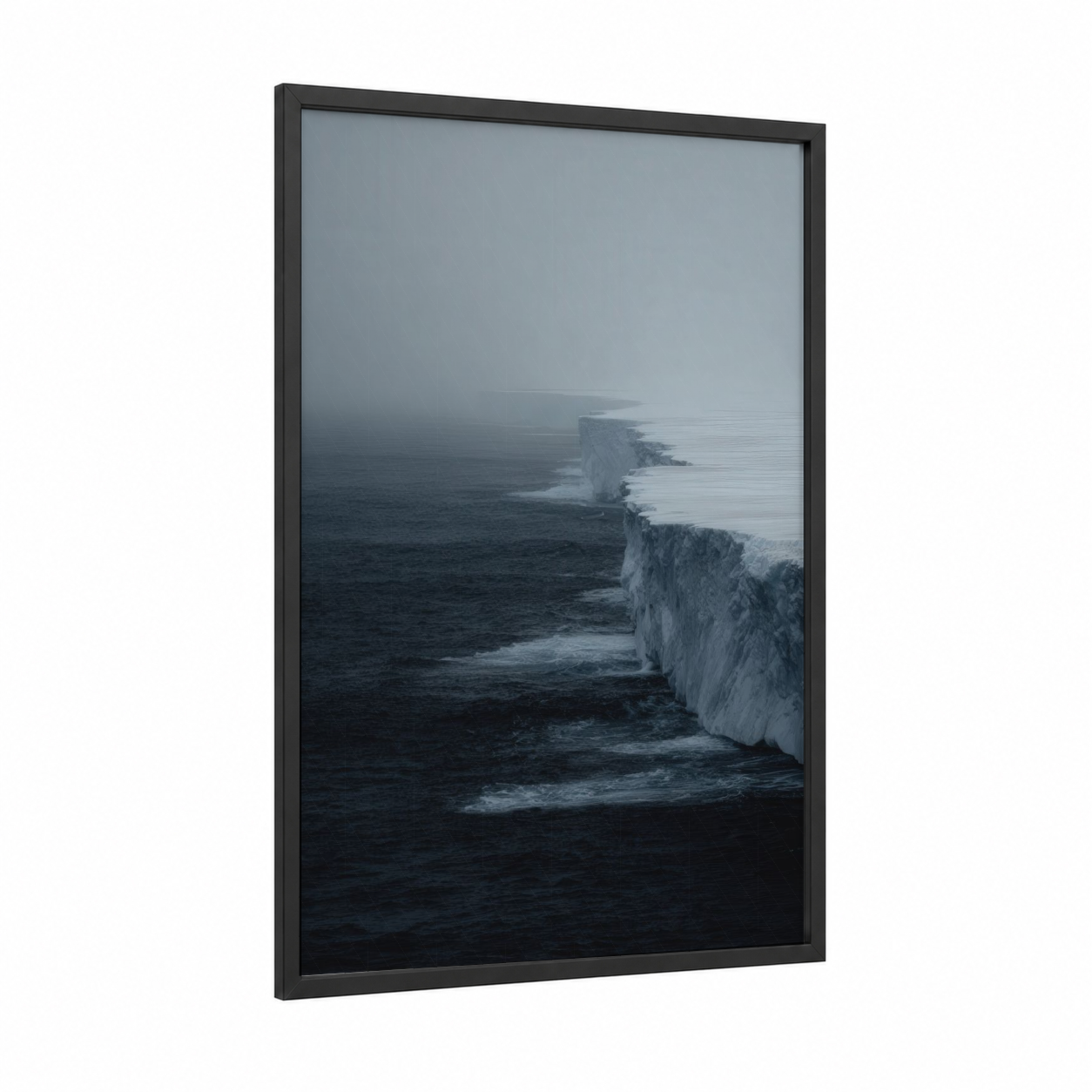 Frozen Coastline framed glacier print — black wood frame — gray and white and black and blue palette