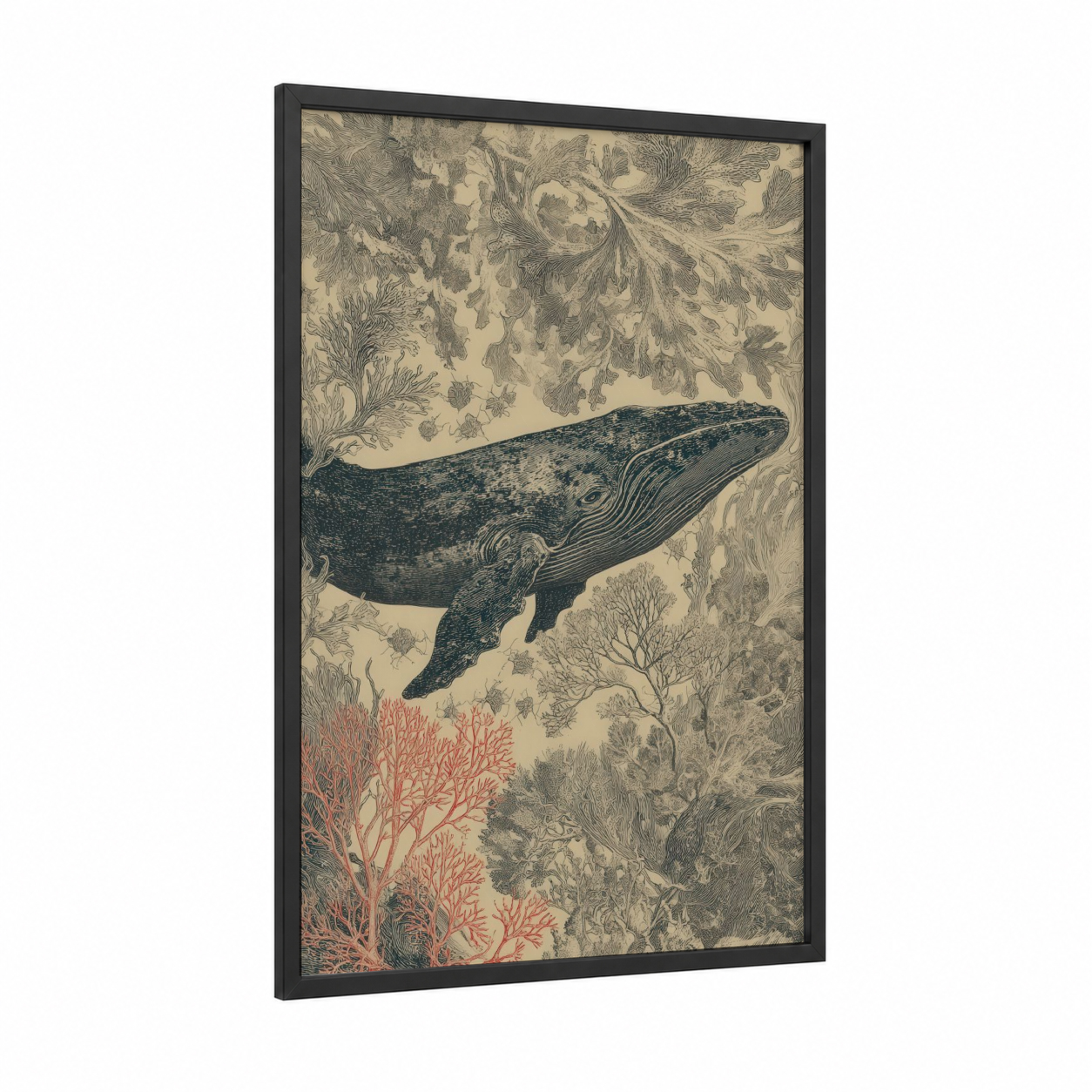 Graceful Gray Whale framed art print — black wood frame — black and white and cream palette