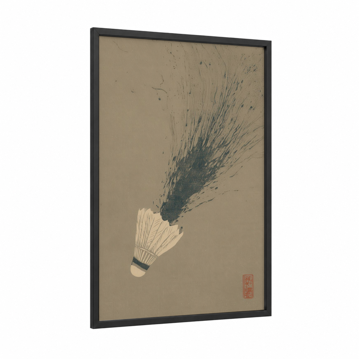 Badminton Burst framed art print — black wood frame — beige and gray palette