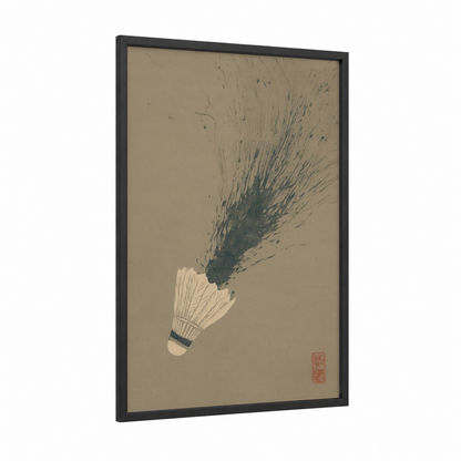 Badminton Burst framed art print — black wood frame — beige and gray palette