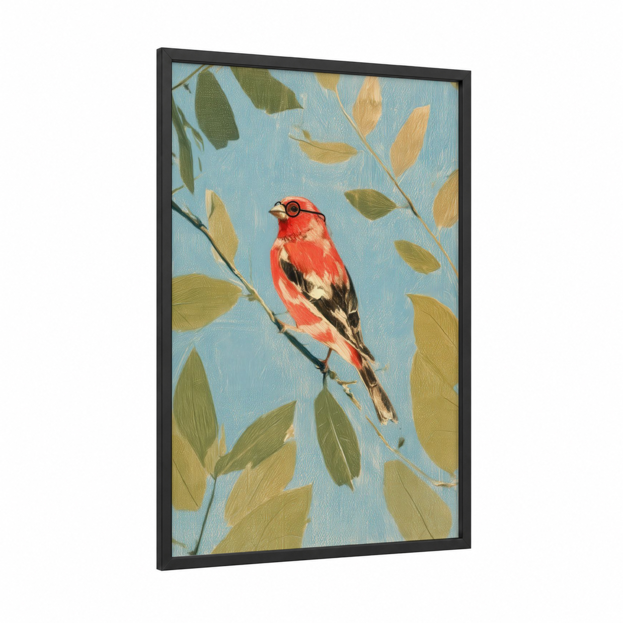 Scarlet Finch framed art print — black wood frame — red and blue palette