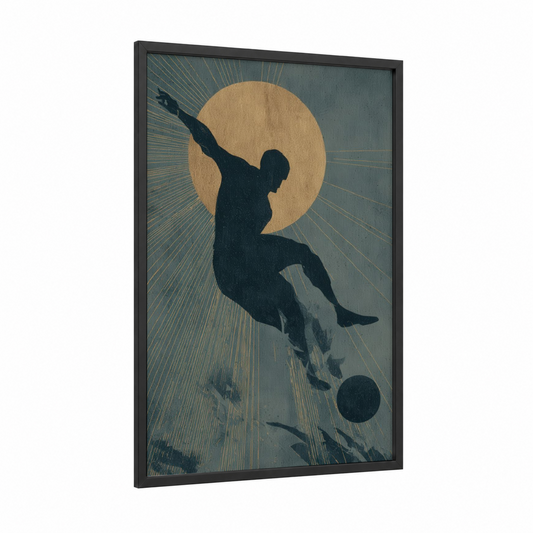 Aerial Soccer Kick framed art print — black wood frame — dove gray and yellow gold palette