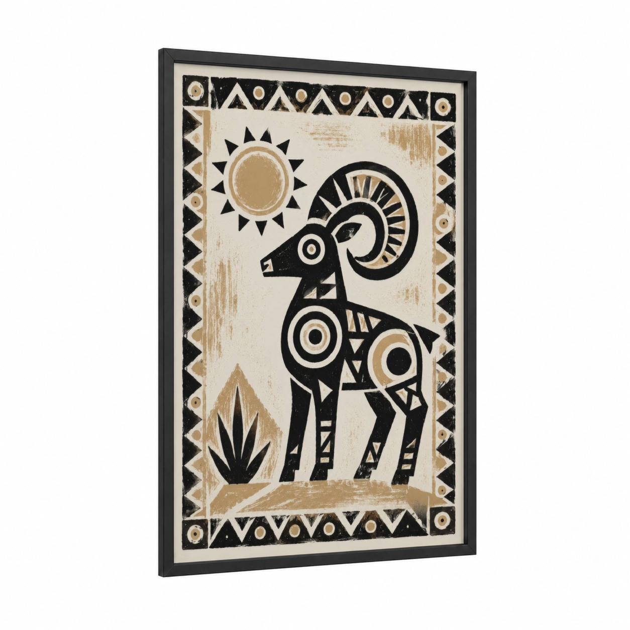 Geometric Goat and Sun Wall Art framed art print — black wood frame — black and white and champagne gold palette