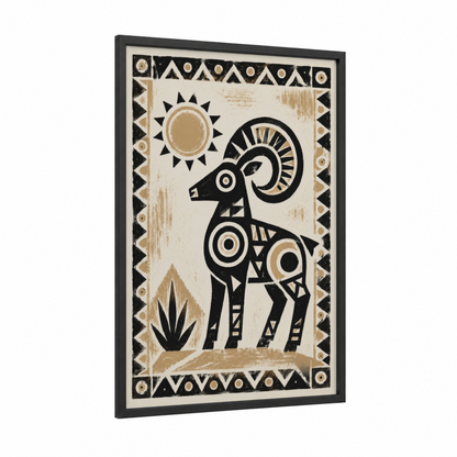Geometric Goat and Sun Wall Art framed art print — black wood frame — black and white and champagne gold palette