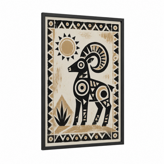 Geometric Goat and Sun Wall Art framed art print — black wood frame — black and white and champagne gold palette