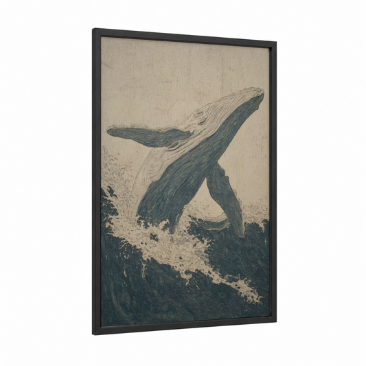 Breaching Whale framed woodcarving print — black wood frame — teal and cream palette