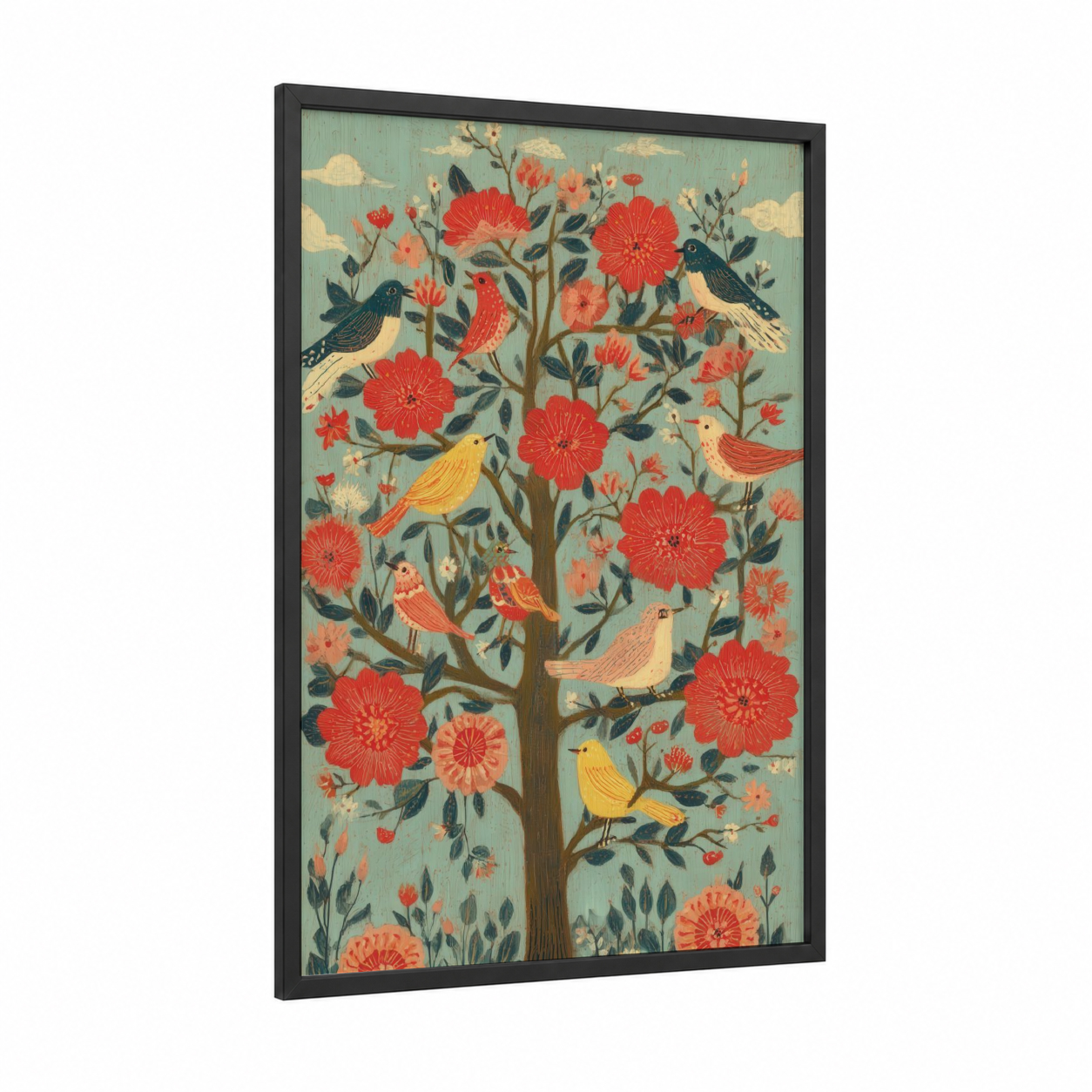 Songbird Dogwood framed art print — black wood frame — sage green and red palette