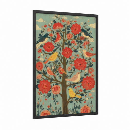 Songbird Dogwood framed art print — black wood frame — sage green and red palette