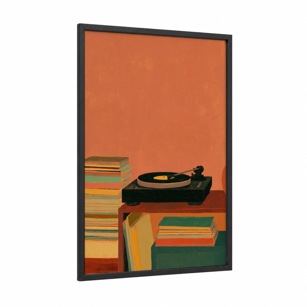 Vinyl Turntable Stacked framed vinyl records print — black wood frame — orange and mustard palette