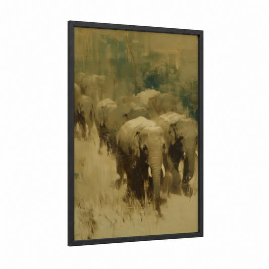 Misty Elephant Herd framed asian elephant print — black wood frame — beige and sage green palette