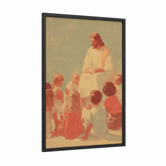 Teaching Christ framed jesus christ print — black wood frame — cream and salmon pink palette