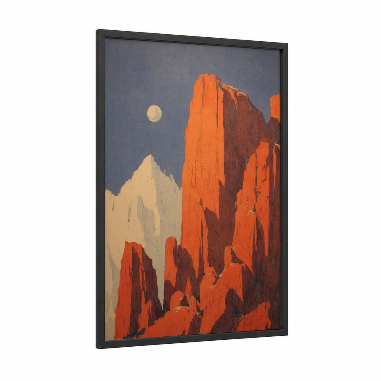 Crimson Moon Cliffs framed art print — black wood frame — orange and blue palette
