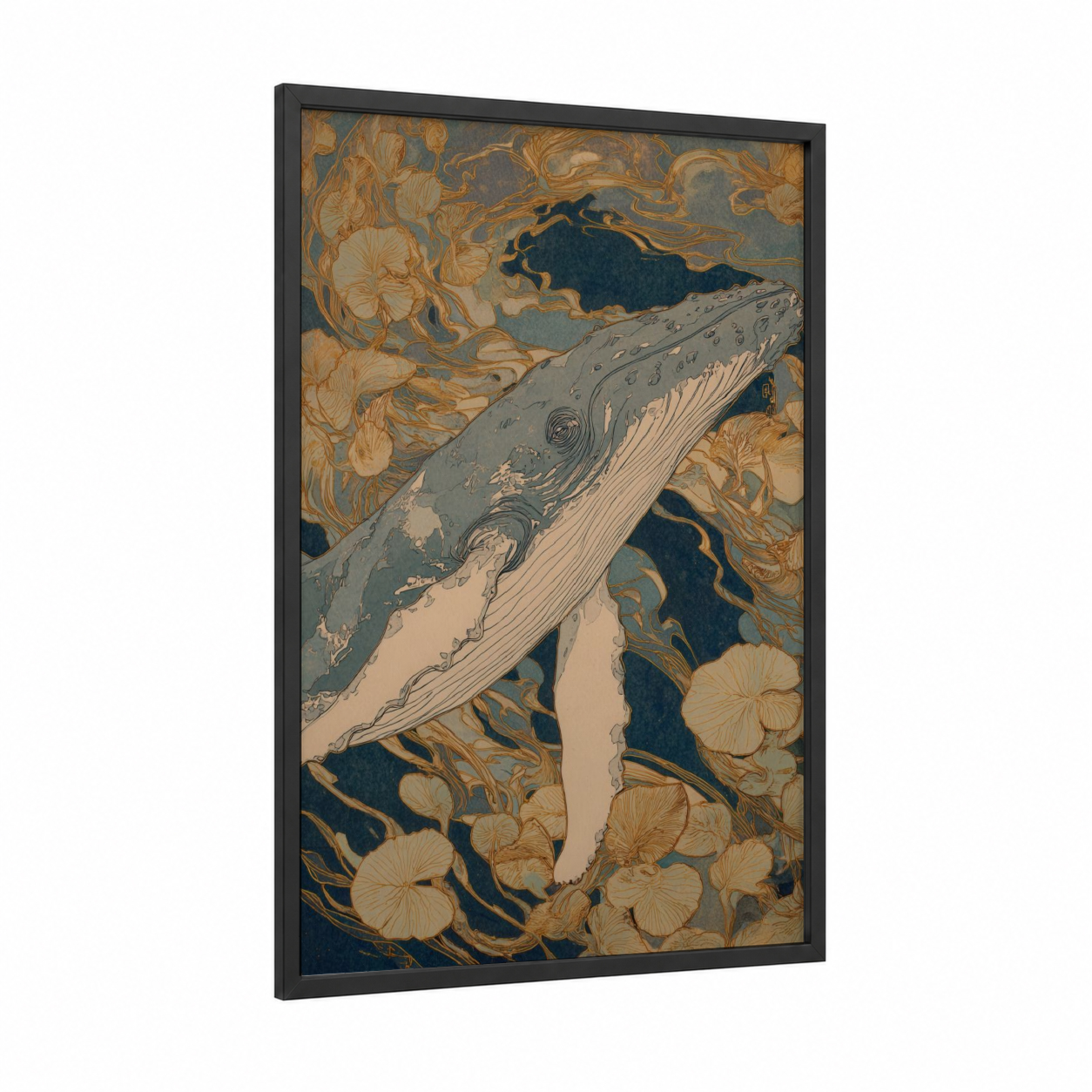 Golden Whale Dance framed humpback whale print — black wood frame — gold and teal palette