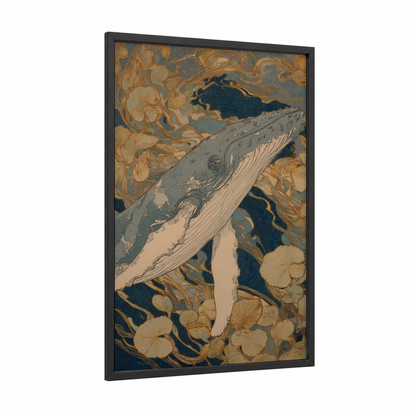 Golden Whale Dance framed humpback whale print — black wood frame — gold and teal palette