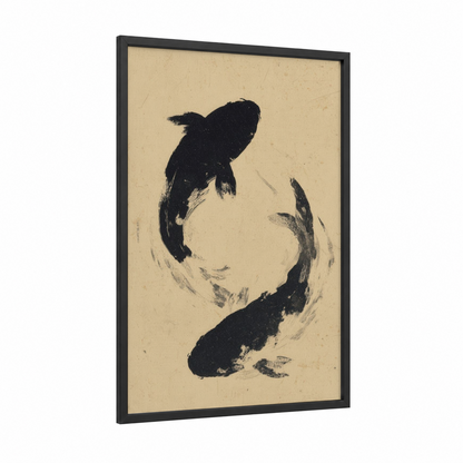 Pisces Duality framed art print — black wood frame — black and white and cream palette