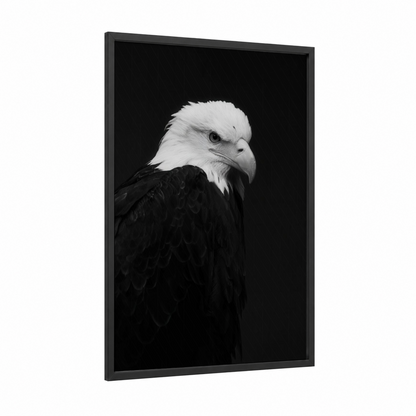 Majestic Eagle Portrait framed art print — black wood frame — black and white palette
