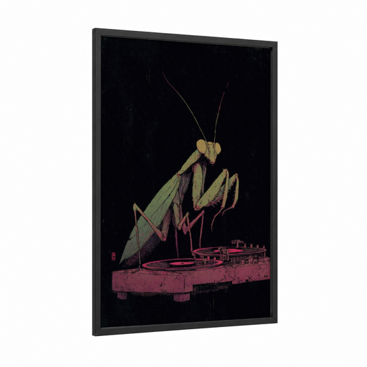 Mechanical Mantis framed prayin mantis print — black wood frame — sage green and maroon palette
