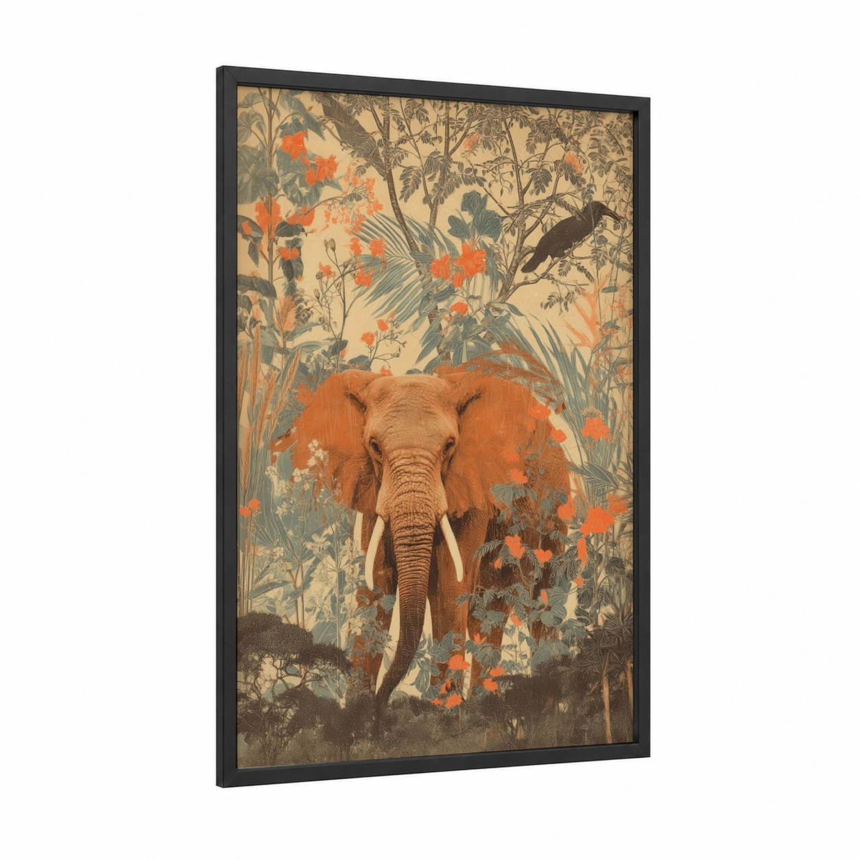 Savanna Elephant Garden framed art print — black wood frame — orange and sage green palette