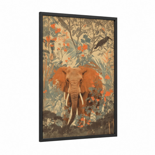 Savanna Elephant Garden framed art print — black wood frame — orange and sage green palette