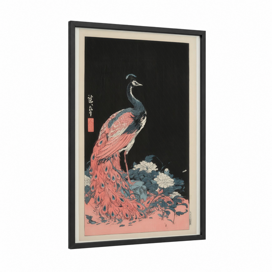 Coral Peacock framed art print — black wood frame — salmon pink and black palette