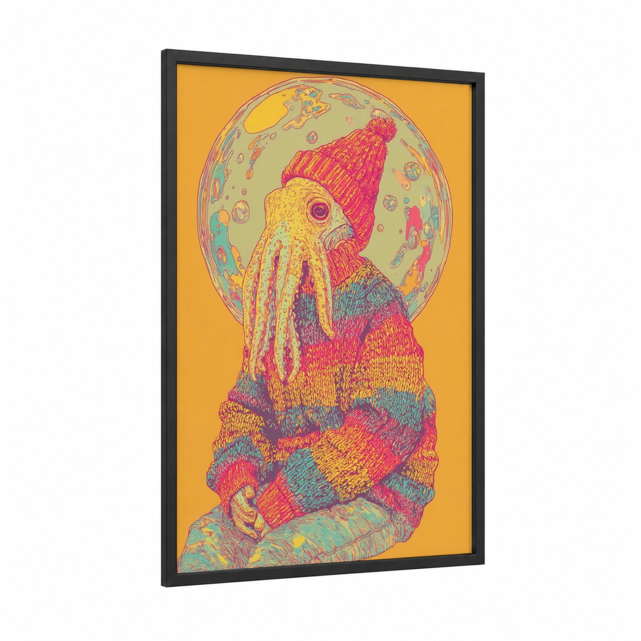 Cozy Squid framed art print — black wood frame — yellow gold and magenta palette
