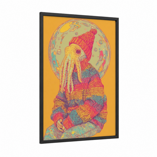 Cozy Squid framed art print — black wood frame — yellow gold and magenta palette