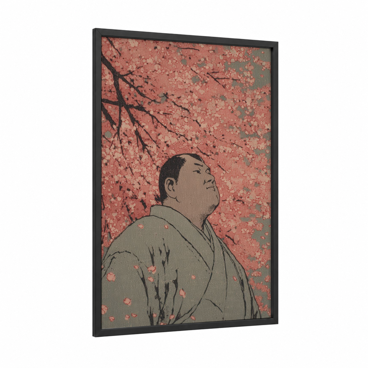 Cherry Blossom Wrestler framed wrestling print — black wood frame — salmon pink and sage green palette
