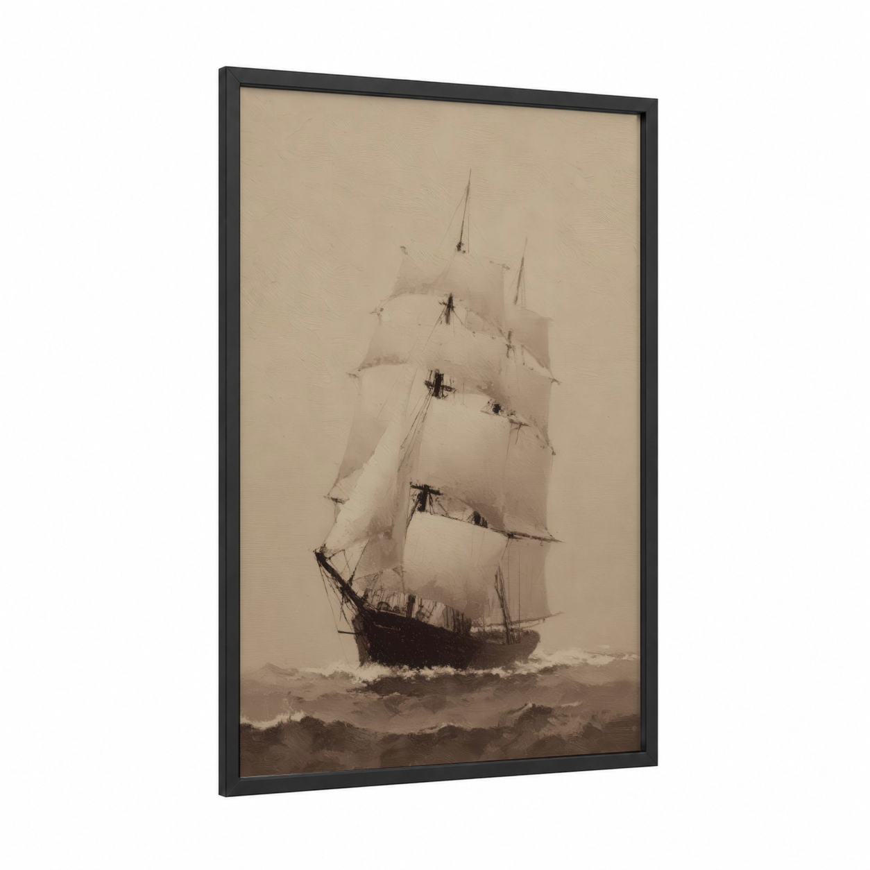 Misty Sailing Ship framed old ships print — black wood frame — beige and black and white palette