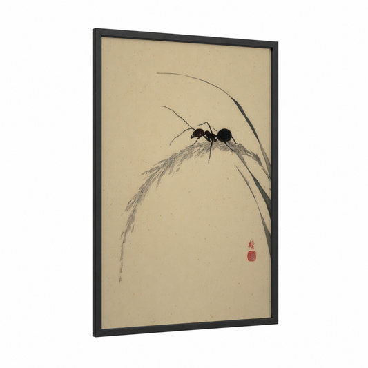 Grain Forager Ant framed art print — black wood frame — cream and black and white palette
