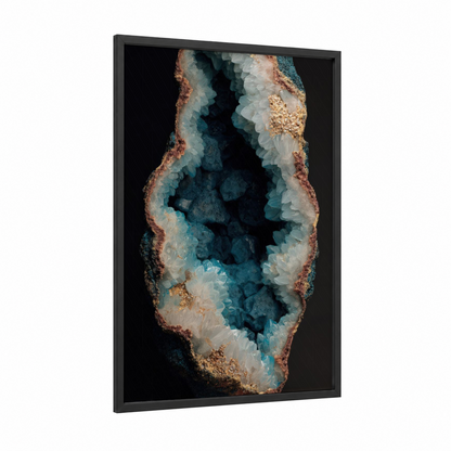 Teal Geode Cross-Section framed natural stones print — black wood frame — teal and gold palette